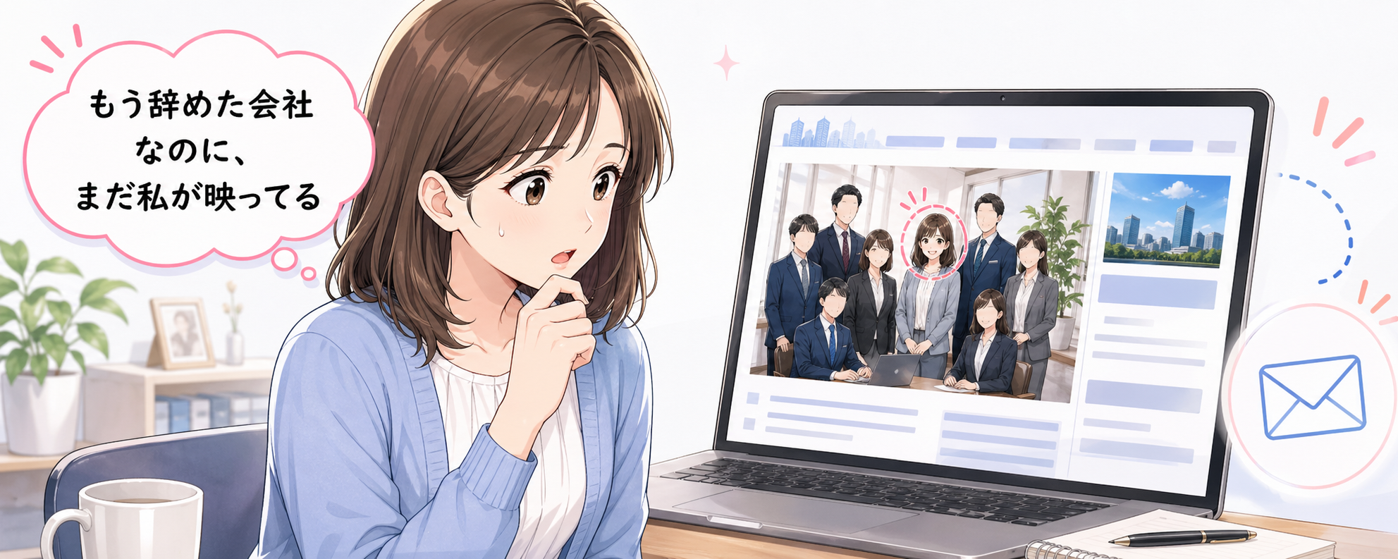 もう辞めた会社なのに、まだ私が映ってると会社サイトを確認する女性のイラスト