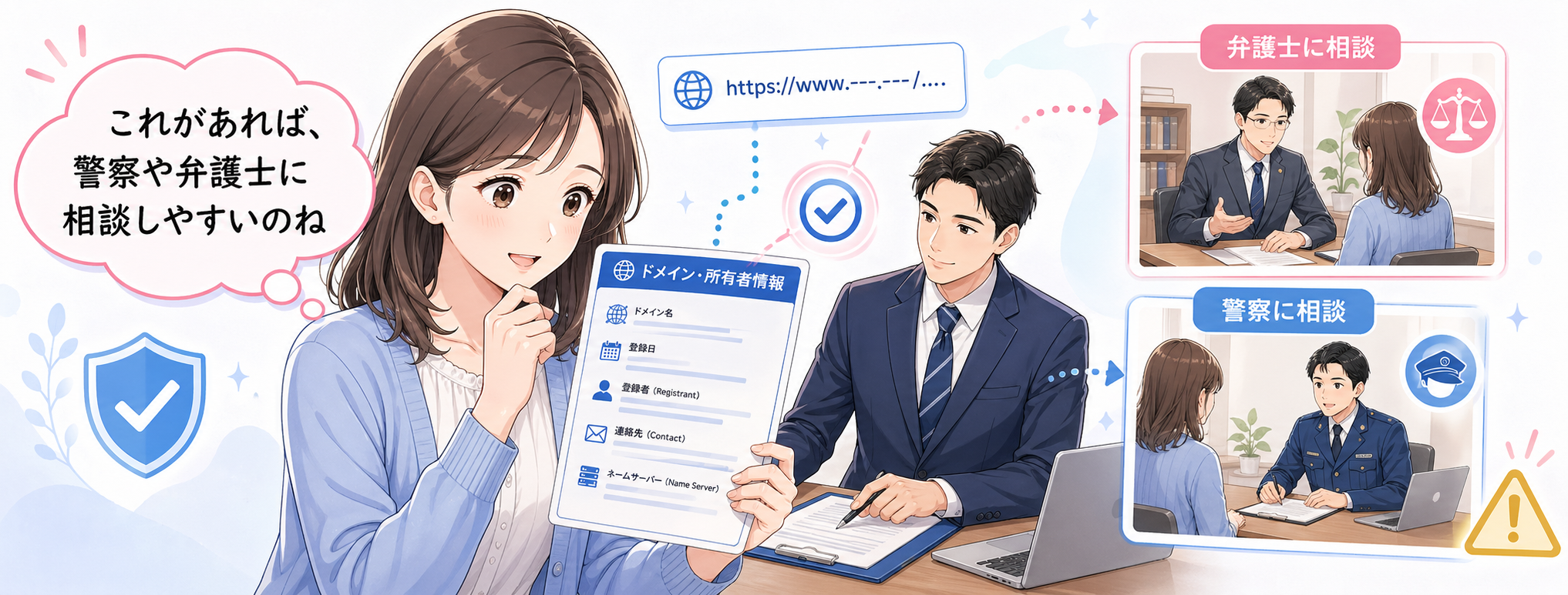 これがあれば、警察や弁護士に相談しやすいのねと所有者情報を確認する女性のイラスト