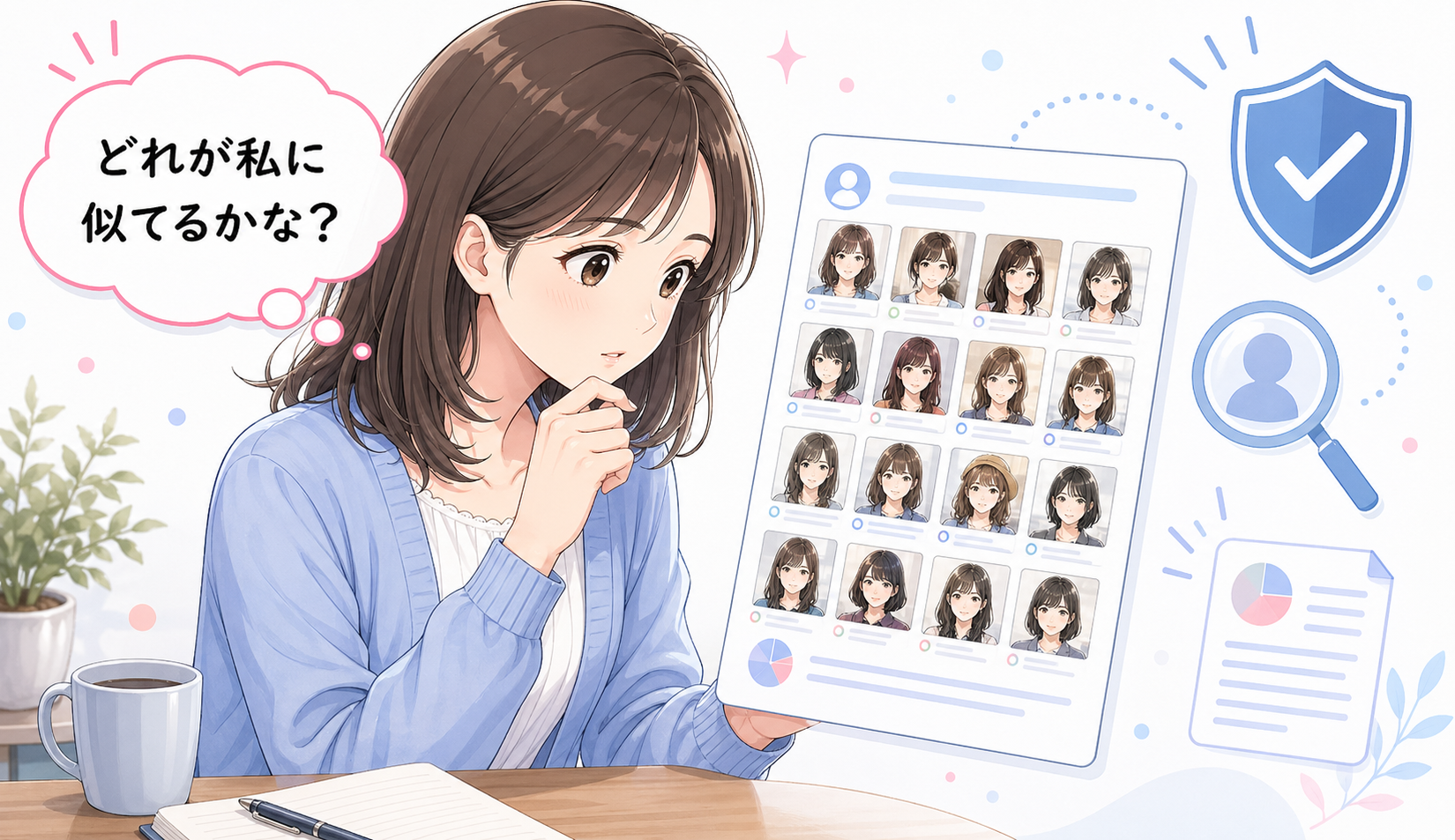 どれが私に似てるかな？と写真レポートの候補リストを見る女性のイラスト