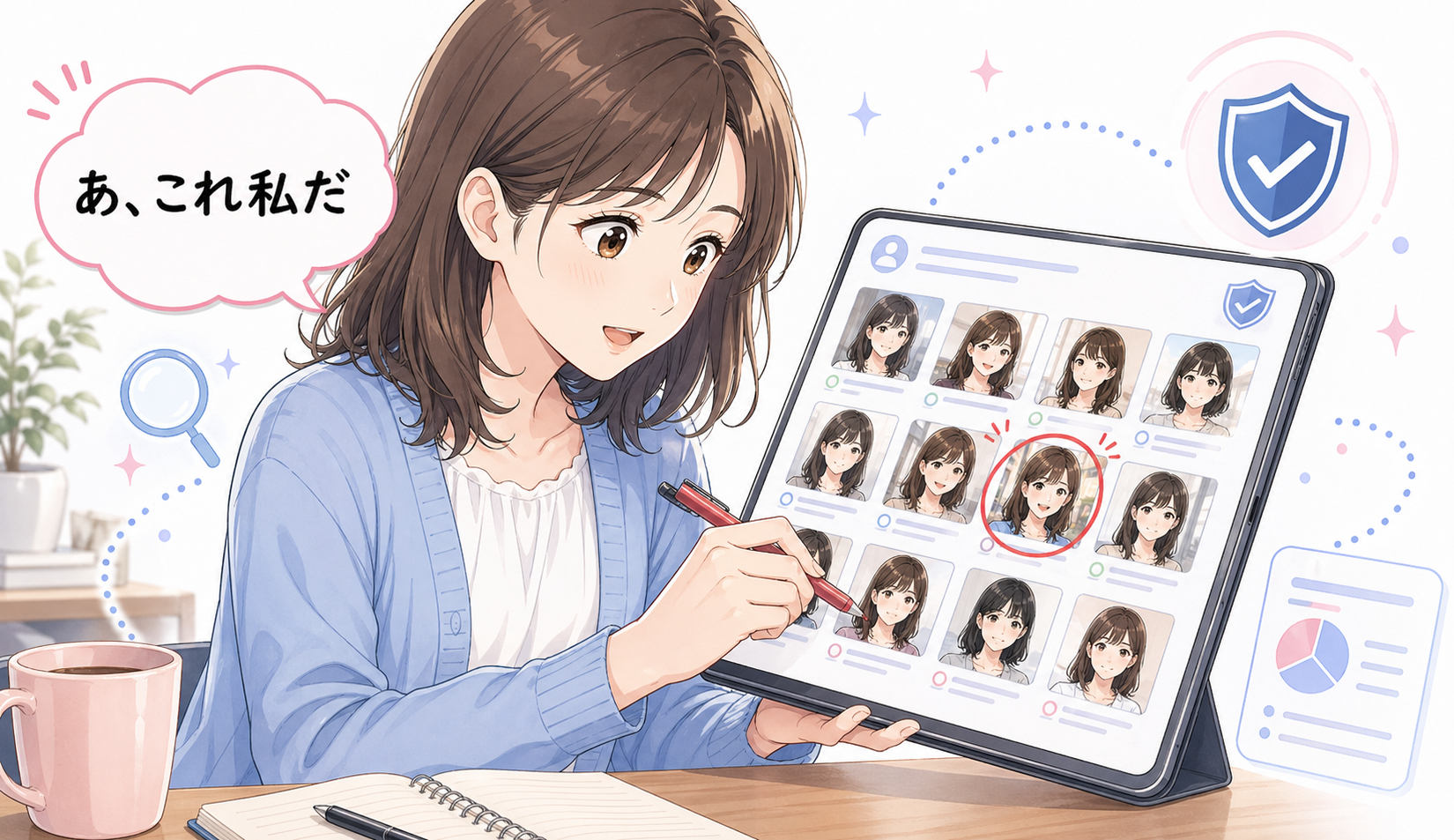 あ、これ私だと候補画像に赤丸を付ける女性のイラスト