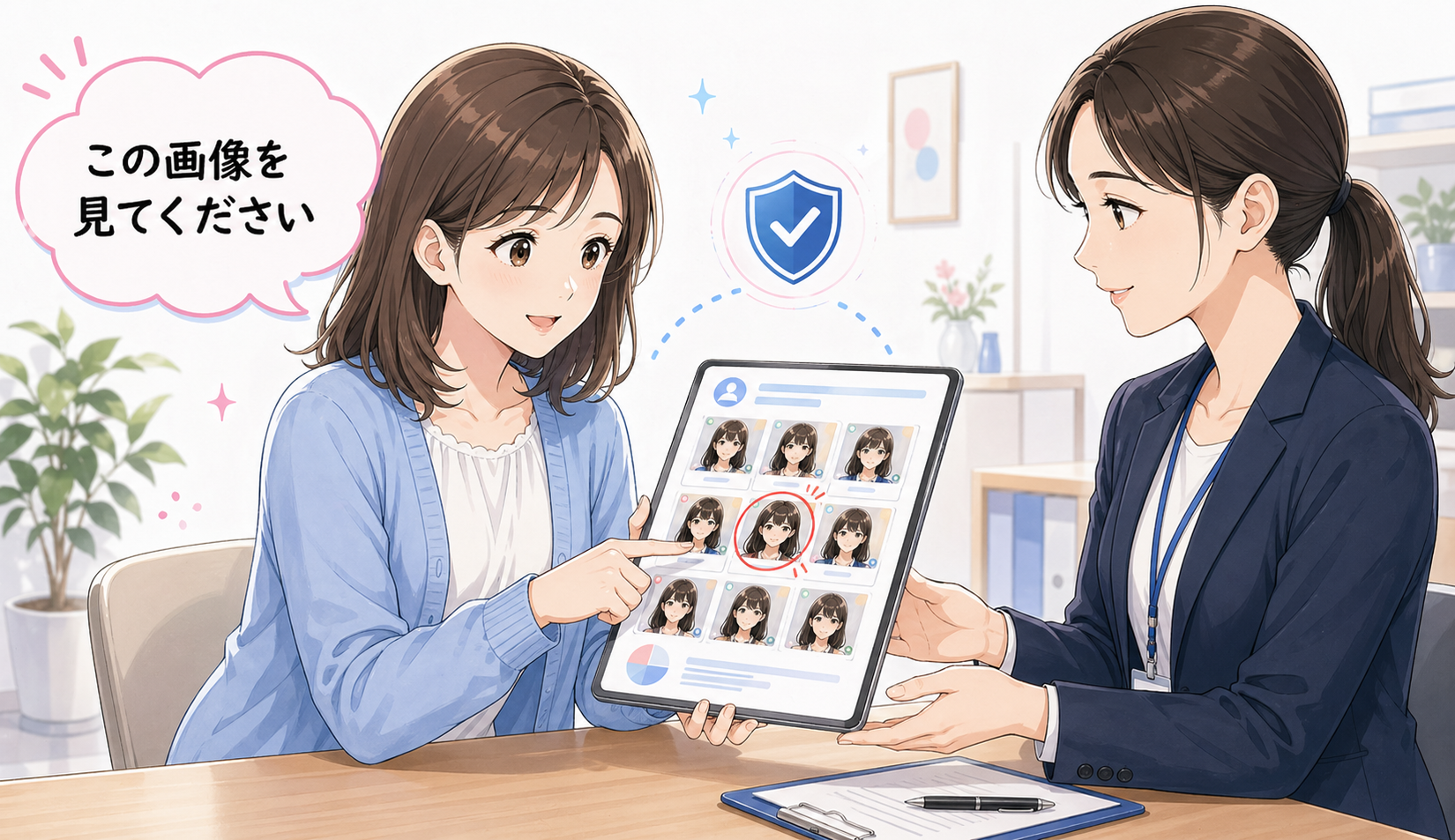 この画像を見てくださいと赤丸を付けた候補をスタッフに見せる女性のイラスト