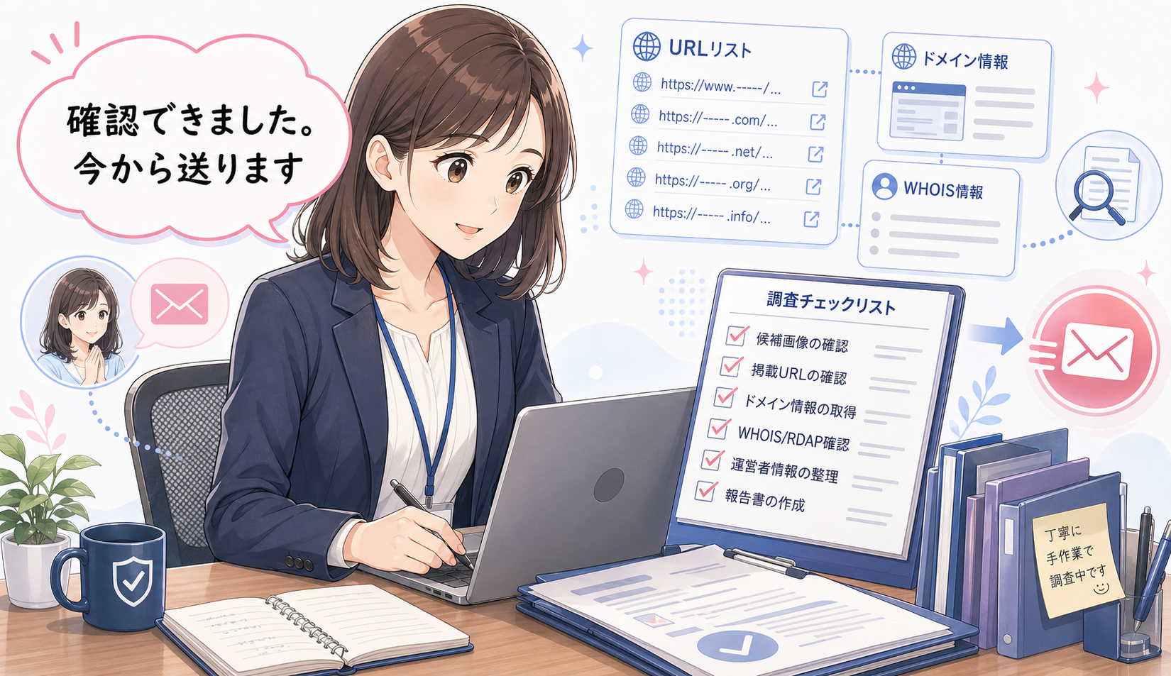 確認できました。今から送りますとスタッフが手作業で確認しているイラスト