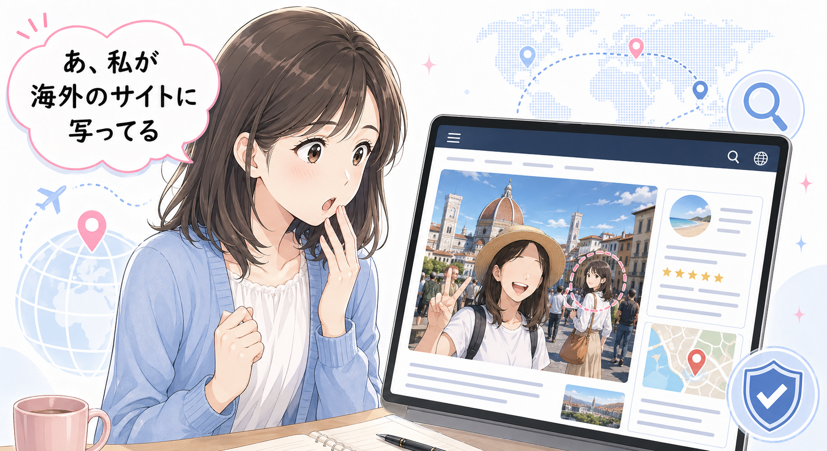 あ、私が海外のサイトに写ってると旅行サイトの写真を見る女性のイラスト