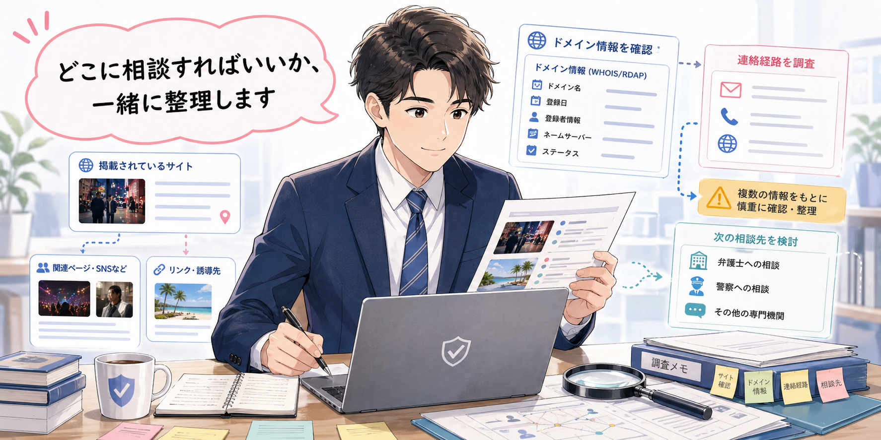 運営者や次の相談先を探偵が整理するイラスト