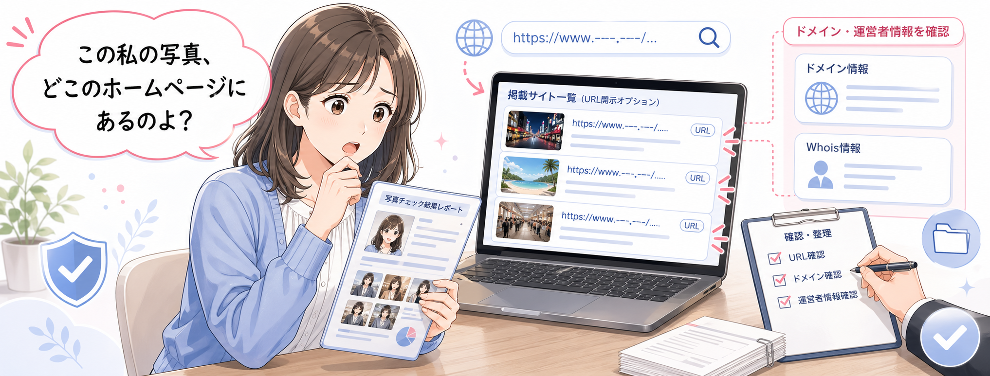 この私の写真、どこのホームページにあるのよ？と掲載先の確認を希望する女性のイラスト