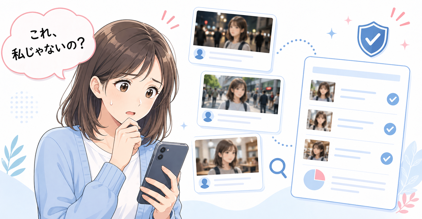 これ、私じゃないの？とスマートフォンを見る女性のイラスト