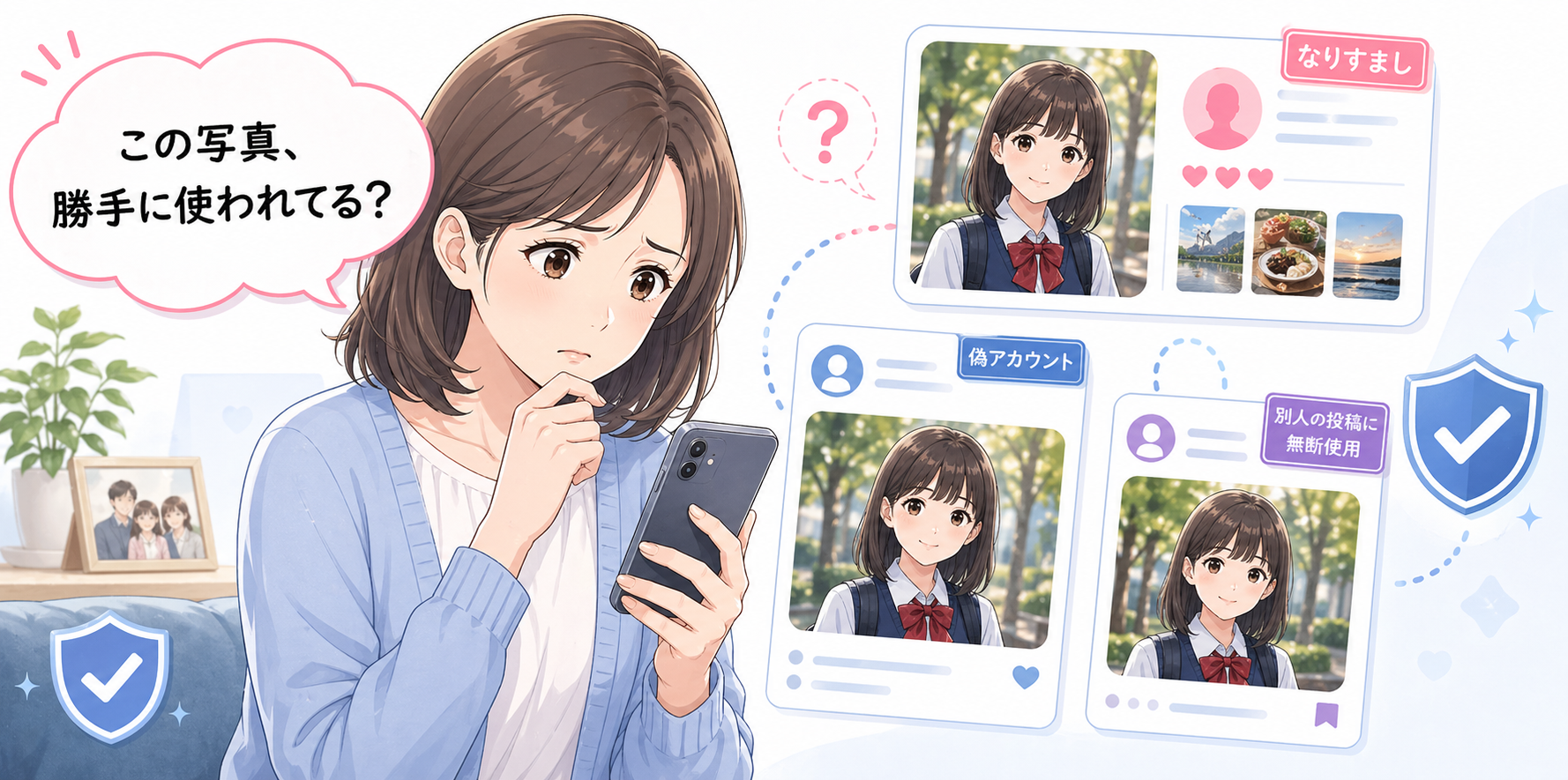 この写真、勝手に使われてる？と家族写真のフェイク利用を心配する親のイラスト