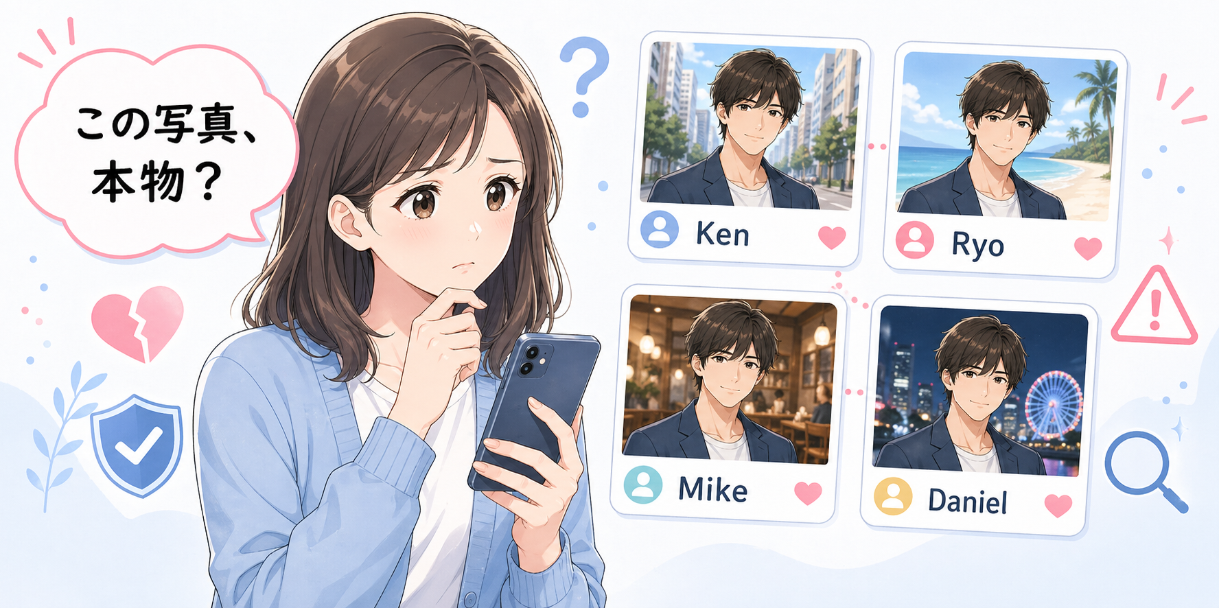 この写真、本物？と同じ顔写真が違う名前で使われていることを確認するイラスト