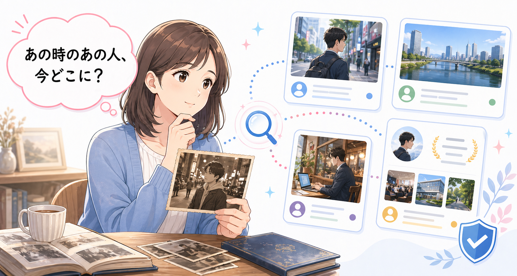 あの時のあの人、今どこに？と昔の写真から現在の手がかりを探すイラスト