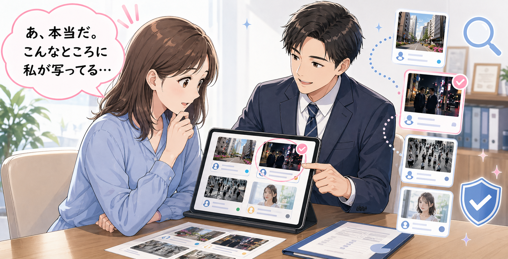 あ、本当だ。こんなところに私が写ってる…と候補レポートを見る相談者のイラスト